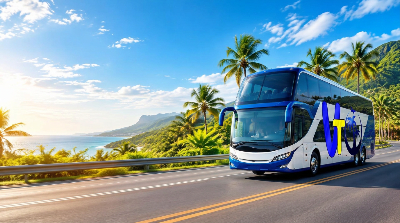 Ônibus de alto padrão viajando por uma estrada panorâmica